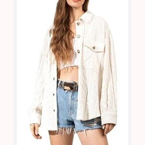 VERVET OVERSIZED CABLE TEXTURED JACKET SHIRT SHACKET CREAM POCKETS MEDIUM